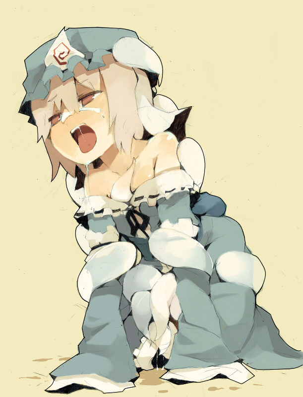 fuukadia (narcolepsy), saigyouji yuyuko, touhou, 1girl, between breasts, breasts, female focus, full body, ghost, hat, pink eyes, pink hair, pussy juice, solo