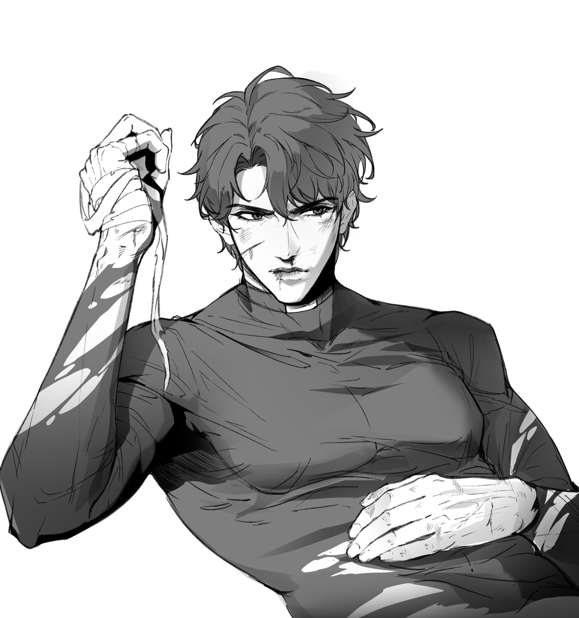yoo joonghyuk, omniscient reader's viewpoint, hashtag-only commentary, highres, 1boy, abs, aurumu, bandaged hand, bandages, blood, blood from mouth, curtained hair, greyscale, hair between eyes, hand on own stomach, hand up, male focus, monochrome, narrowed eyes, nosebleed, pectorals, scar, scar on face, serious, shirt, short hair, solo, tight clothes, tight shirt, toned, toned male
