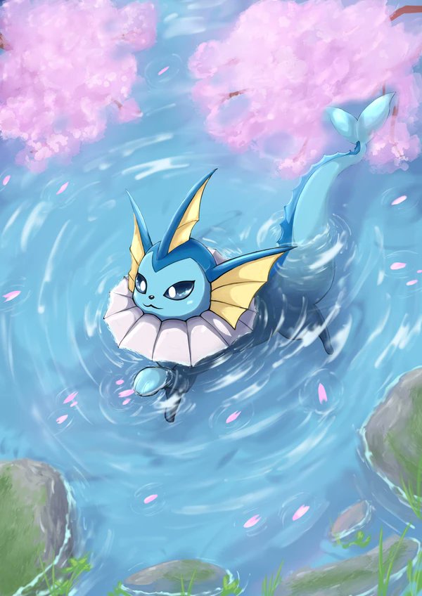 giovanni (giogiofx0083), vaporeon, nintendo, pokemon, commentary request, :3, animal focus, blue eyes, blue fur, blue sclera, cetacean tail, cherry blossoms, closed mouth, colored sclera, fins, fish tail, forked tail, gen 1 pokemon, head fins, no humans, petals, pokemon (creature), pokemon focus, rock, smile, solo, swimming, tail, water