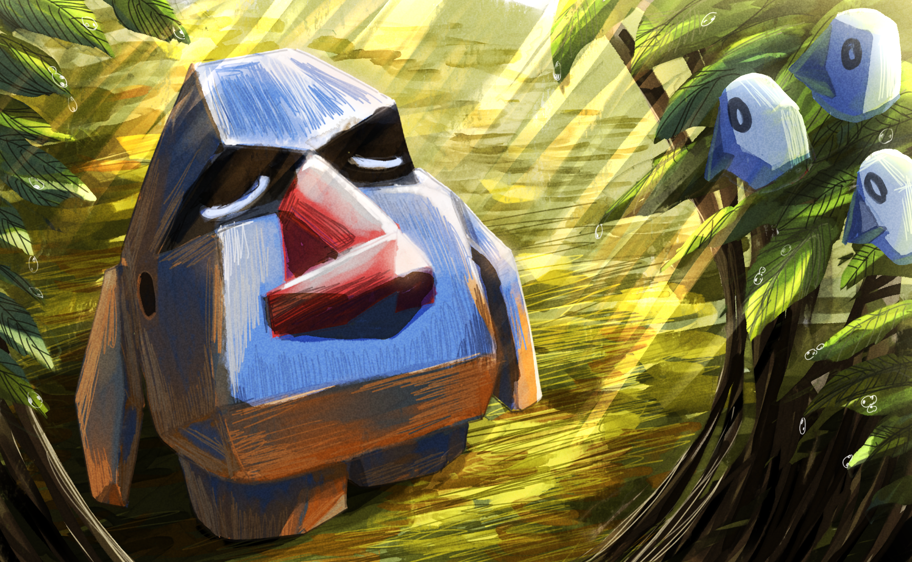 miyagawa (maxggguys), nosepass, nintendo, pokemon, commentary request, highres, day, dew drop, full body, gen 3 pokemon, no humans, outdoors, pokemon (creature), solo, sunlight, water drop