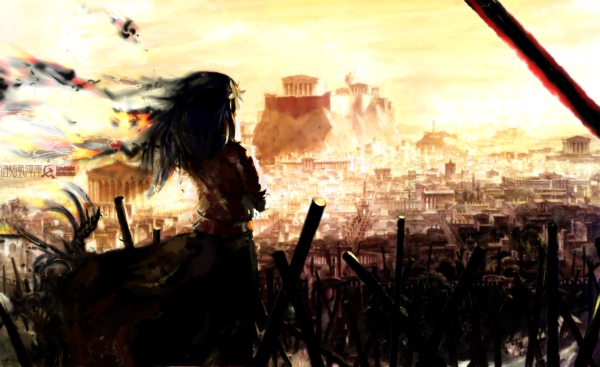 lowlight kirilenko, yasaka kanako, touhou, bad id, bad pixiv id, highres, 1girl, architecture, artist name, backlighting, black hair, cityscape, crossed arms, facing away, female focus, fire, from behind, greco-roman architecture, greece, hair ornament, hammer and sickle, hill, landscape, leaf hair ornament, long hair, onbashira, outdoors, scenery, skirt, sky, solo, standing, sunset, wind, yellow sky, yellow theme