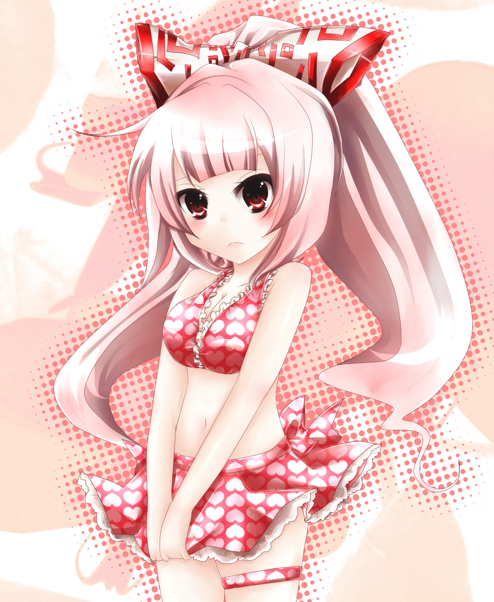 tomcho, fujiwara no mokou, touhou, silver hair, bad id, bad pixiv id, highres, 1girl, bikini, bikini skirt, female focus, long hair, ponytail, red eyes, solo, swimsuit