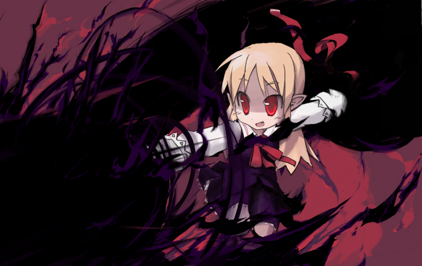 wamtail, ex-rumia, rumia, embodiment of scarlet devil, touhou, 1girl, black dress, blonde hair, darkness, dress, fang, female focus, long hair, neck ribbon, outstretched arms, pointy ears, red eyes, ribbon, solo, spread arms