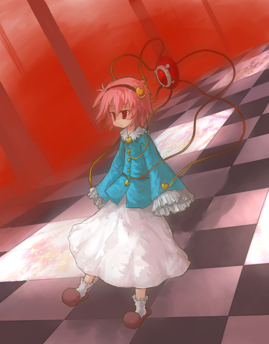 wamtail, komeiji satori, touhou, highres, 1girl, checkered floor, chireiden, female focus, floating, floor, fog, hairband, perspective, pink hair, red eyes, skirt, slippers, socks, solo, tiles, wide sleeves