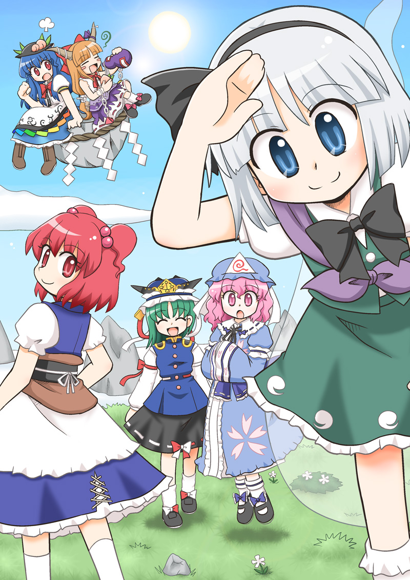 manaka (pdx), hinanawi tenshi, ibuki suika, konpaku youmu, konpaku youmu (ghost), onozuka komachi, saigyouji yuyuko, shiki eiki, touhou, silver hair, 6+girls, blonde hair, blue eyes, blue hair, female focus, food, fruit, ghost, green hair, hair bobbles, hair ornament, hairband, hat, hitodama, horns, long hair, multiple girls, peach, pink eyes, pink hair, red eyes, red hair, short hair, twintails, two side up