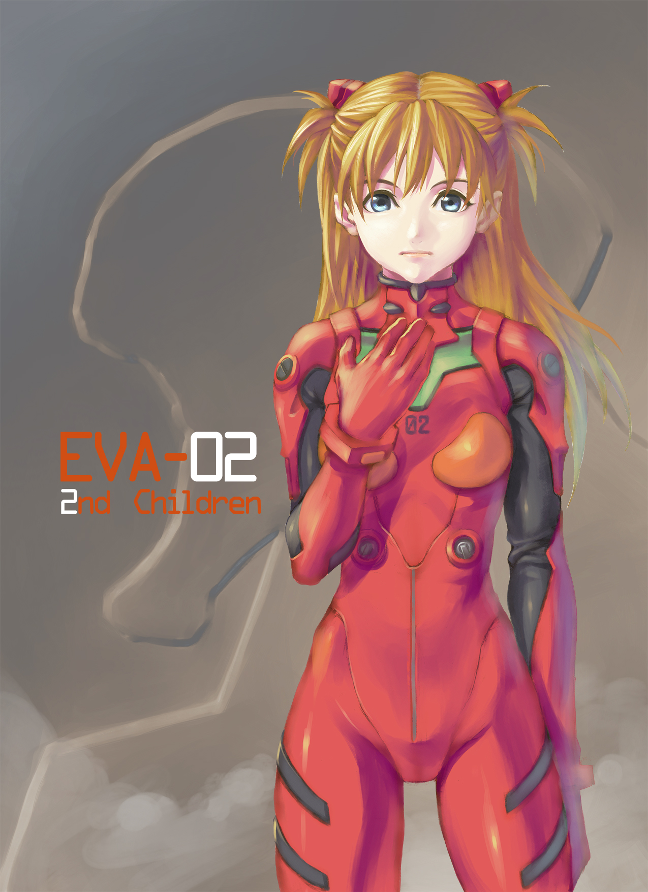 imamushi, eva 02, souryuu asuka langley, neon genesis evangelion, highres, 1girl, blue eyes, bodysuit, bracer, breasts, brown hair, character name, cowboy shot, english text, expressionless, female focus, gloves, hair ornament, long hair, looking at viewer, mecha pilot suit, orange hair, plugsuit (evangelion), silhouette, small breasts, solo, turtleneck, two side up