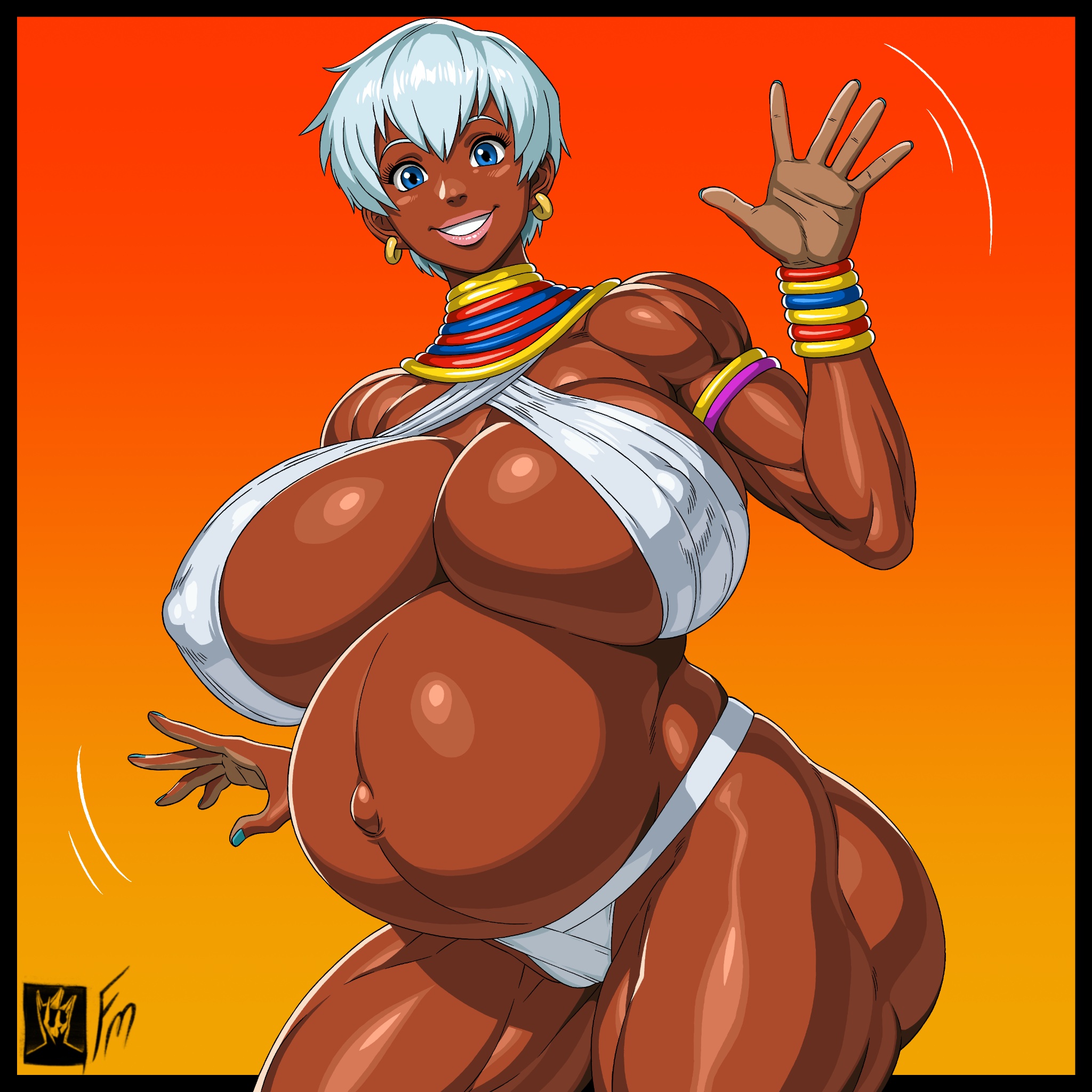 fungus-man, elena (street fighter), capcom, street fighter, absurdres, highres, 1girl, blue eyes, breasts, cleavage, covered erect nipples, dark-skinned female, dark skin, earrings, female focus, hoop earrings, huge breasts, jewelry, looking at viewer, muscular, muscular female, navel, pregnant, short hair, simple background, solo, thick thighs, thighs, white hair