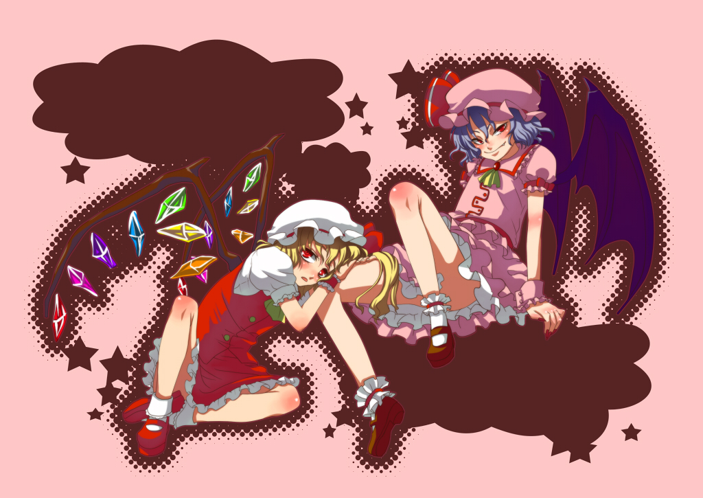 yumyy iura, flandre scarlet, remilia scarlet, touhou, 2girls, bat wings, blonde hair, blue hair, female focus, hat, multiple girls, ponytail, red eyes, short hair, siblings, side ponytail, sisters, wings