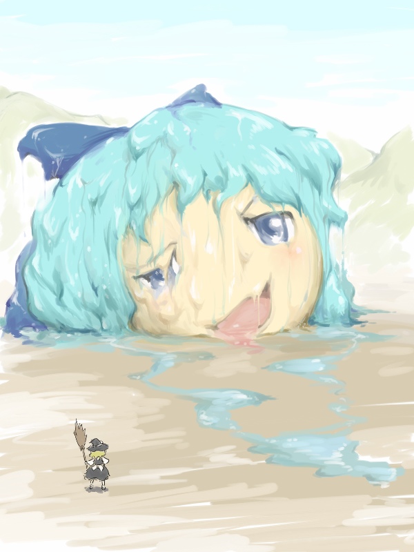 ohyo, cirno, kirisame marisa, planet of the apes, touhou, aqua hair, blonde hair, blue eyes, broom, giant, giantess, hand on own hip, hat, hip focus, melting, parody, solo, standing, witch, witch hat, yukkuri shiteitte ne