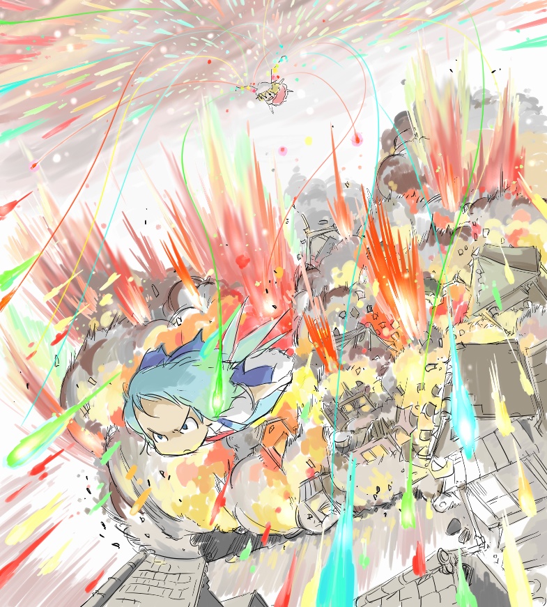 ohyo, cirno, flandre scarlet, embodiment of scarlet devil, touhou, battle, danmaku, destruction, explosion, flying, midair, town
