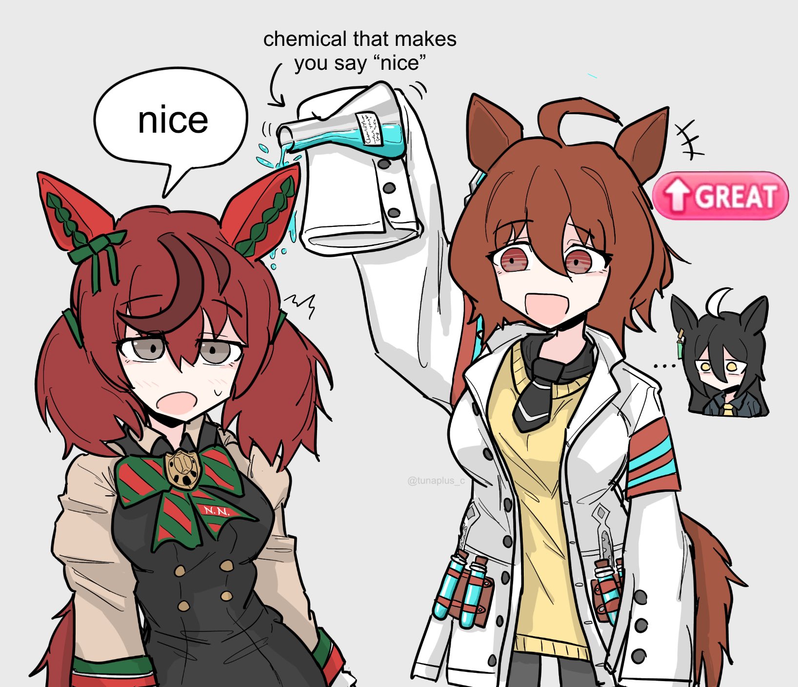 tunaplus c, agnes tachyon (tach-nology) (umamusume), agnes tachyon (umamusume), manhattan cafe (creeping black) (umamusume), manhattan cafe (umamusume), nice nature (poinsettia ribbon) (umamusume), nice nature (umamusume), umamusume, commentary, english commentary, highres, …, 3girls, ahoge, animal ears, black necktie, brown hair, coat, cowboy shot, cropped torso, ear tag, english text, grey background, grey eyes, hair between eyes, horse ears, horse girl, lab coat, long hair, long sleeves, looking at another, medium hair, multiple girls, necktie, open mouth, pantyhose, red eyes, shirt, short necktie, simple background, sleeves past fingers, sleeves past wrists, smile, speech bubble, standing, sweatdrop, sweater, test tube, white coat, yellow eyes, yellow sweater