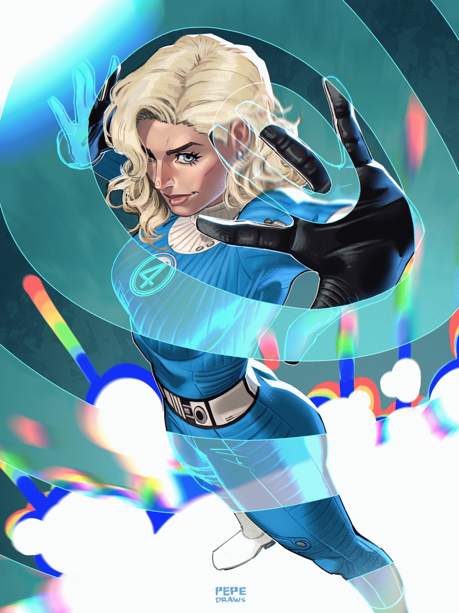 pepedraws, sue storm, fantastic four, marvel, marvel rivals, the fantastic four: first steps, commentary, english commentary, highres, 1girl, artist name, black gloves, blonde hair, blue bodysuit, blue eyes, bodysuit, bone, boots, earrings, gloves, green eyes, jewelry, linea alba, looking at viewer, looking up, medium hair, multicolored eyes, see-through body, solo, stud earrings, superhero costume, white boots
