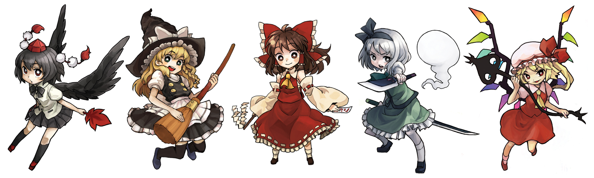 mitsuki32k, flandre scarlet, hakurei reimu, kirisame marisa, konpaku youmu, konpaku youmu (ghost), shameimaru aya, touhou, bad id, bad pixiv id, highres, long image, wide image, 6+girls, blonde hair, chibi, everyone, female focus, geta, hat, hitodama, multiple girls, tengu-geta