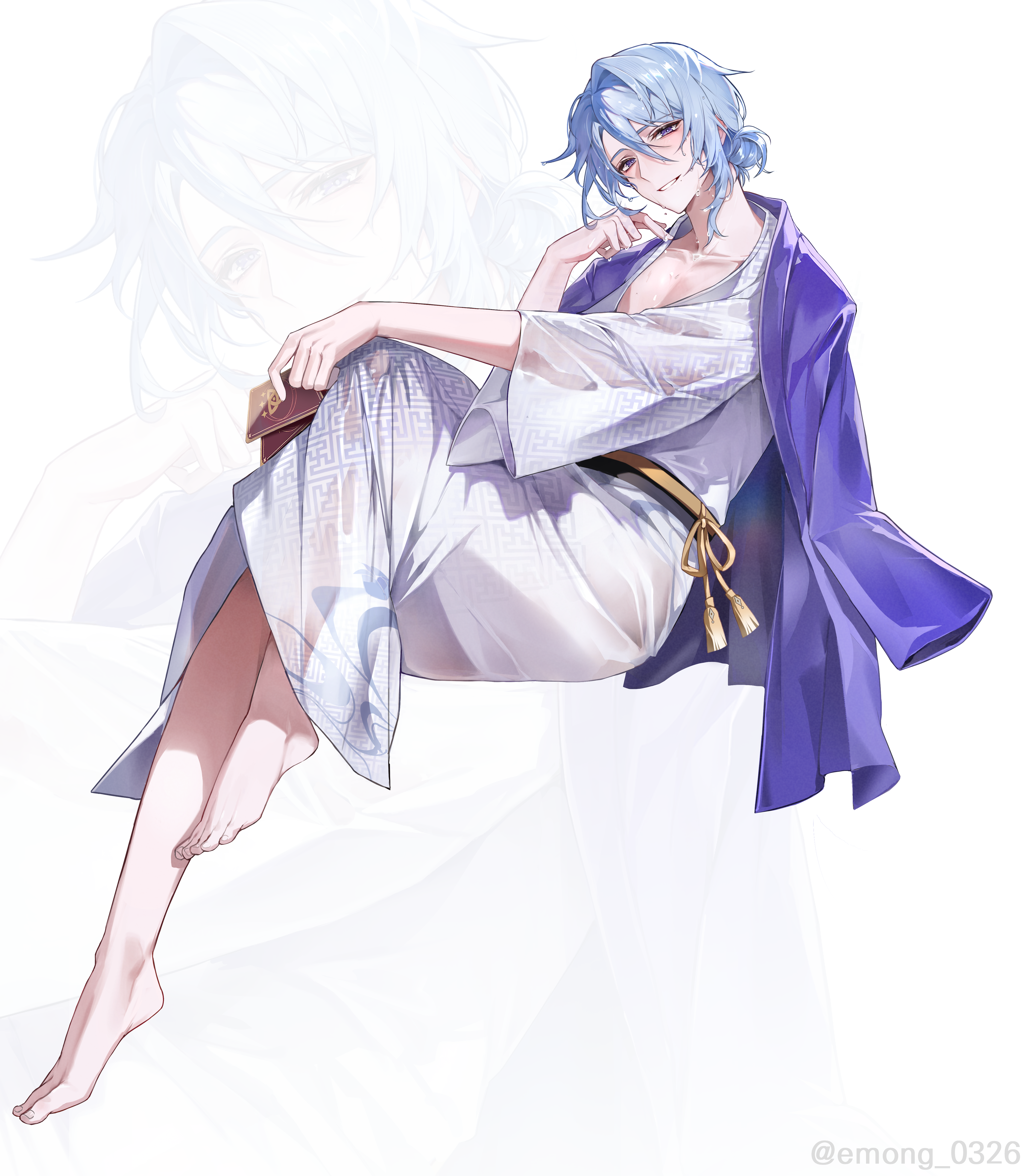emong, kamisato ayato, genshin impact, absurdres, commentary, highres, 1boy, aegyo sal, alternate hairstyle, barefoot, bath yukata, blue hair, card, collarbone, feet, full body, genius invokation tcg, hair between eyes, hair bun, hand up, haori, haori on shoulders, holding, holding card, invisible chair, japanese clothes, kimono, light blush, looking at viewer, male focus, mole, mole under mouth, official alternate costume, parted lips, playing card, print kimono, purple eyes, purple haori, sayagata, see-through clothes, see-through kimono, simple background, single hair bun, sitting, smile, solo, tassel, toes, twitter username, wet, wet hair, white background, white kimono, yukata, zoom layer