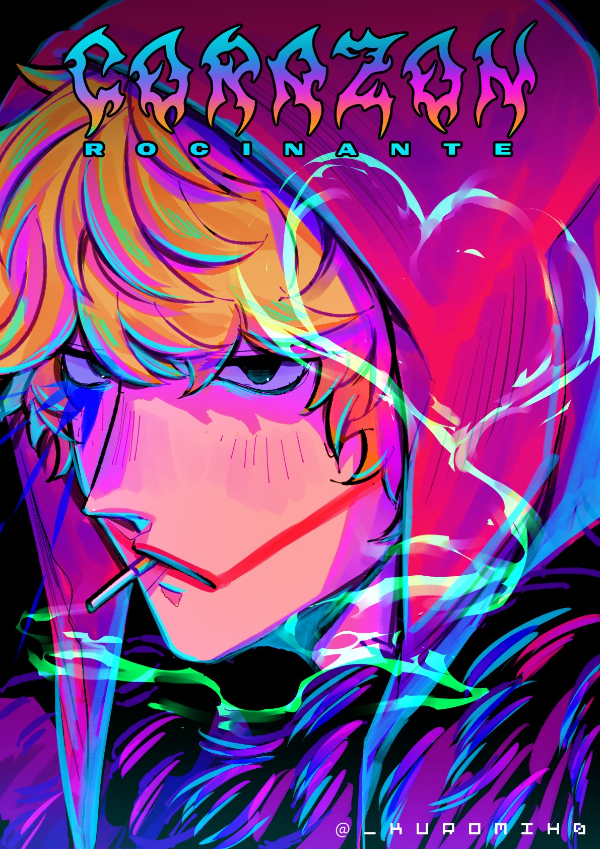 mih0, donquixote rocinante, one piece, commentary, highres, 1boy, black background, blonde hair, character name, cigarette, close-up, hair between eyes, heart, hood, looking ahead, makeup, male focus, red lips, short hair, simple background, smoke, smoke heart, solo, twitter username