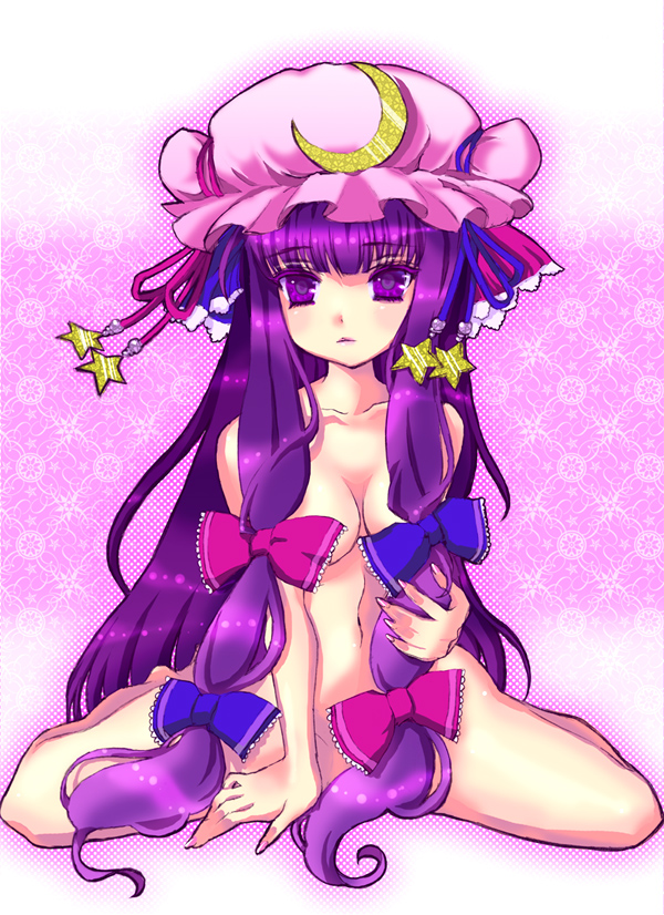 shaka ineru, patchouli knowledge, touhou, bad id, bad pixiv id, 1girl, bow, censored, convenient censoring, female focus, hair censor, hair over breasts, hat, long hair, nude, pink bow, purple eyes, purple hair, sitting, solo