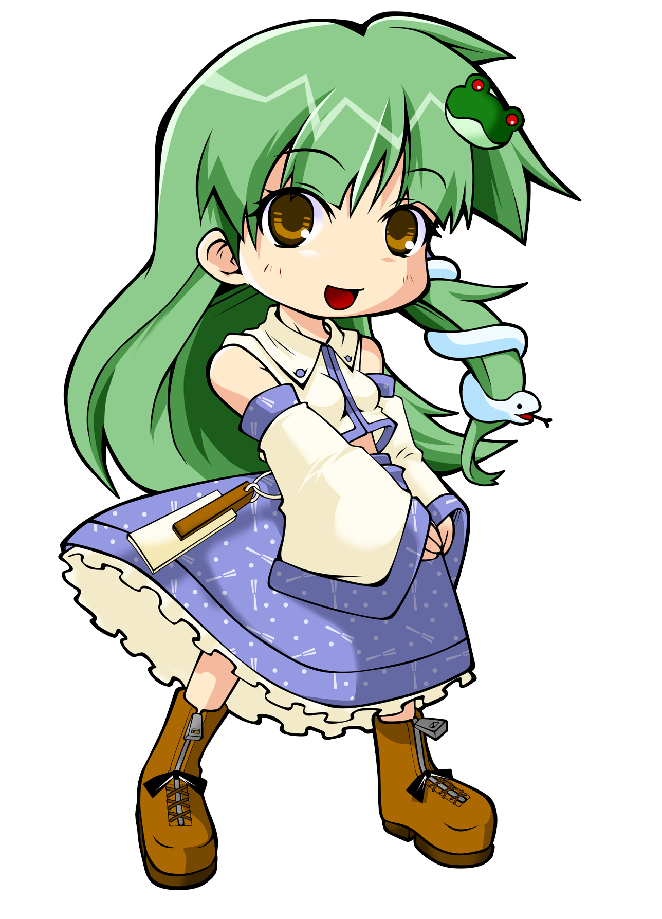 elroadmaster, kochiya sanae, touhou, highres, 1girl, boots, detached sleeves, female focus, frog, gohei, green hair, hair ornament, long hair, oonusa, simple background, snake, solo, yellow eyes