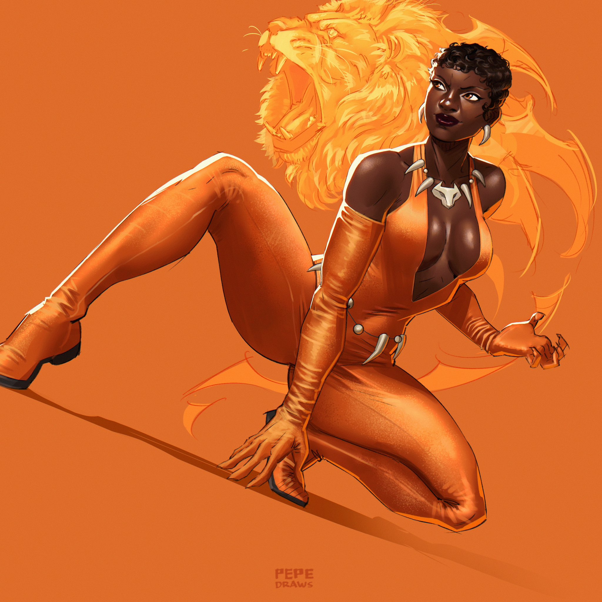 pepedraws, vixen (dc), dc comics, commentary, english commentary, highres, 1girl, black hair, bone earrings, boots, breasts, cleavage, curly hair, dark skin, elbow gloves, gloves, jewelry, jumpsuit, large breasts, linea alba, lion, looking to the side, midriff, necklace, orange background, orange boots, orange eyes, orange gloves, orange jumpsuit, pixie cut, plunging neckline, short hair, solo, squatting, tooth necklace