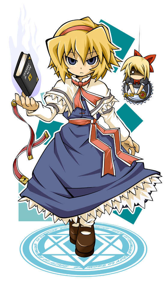 elroadmaster, alice margatroid, shanghai doll, touhou, 2girls, blonde hair, blue eyes, book, doll, female focus, hairband, key, magic circle, multiple girls, short hair