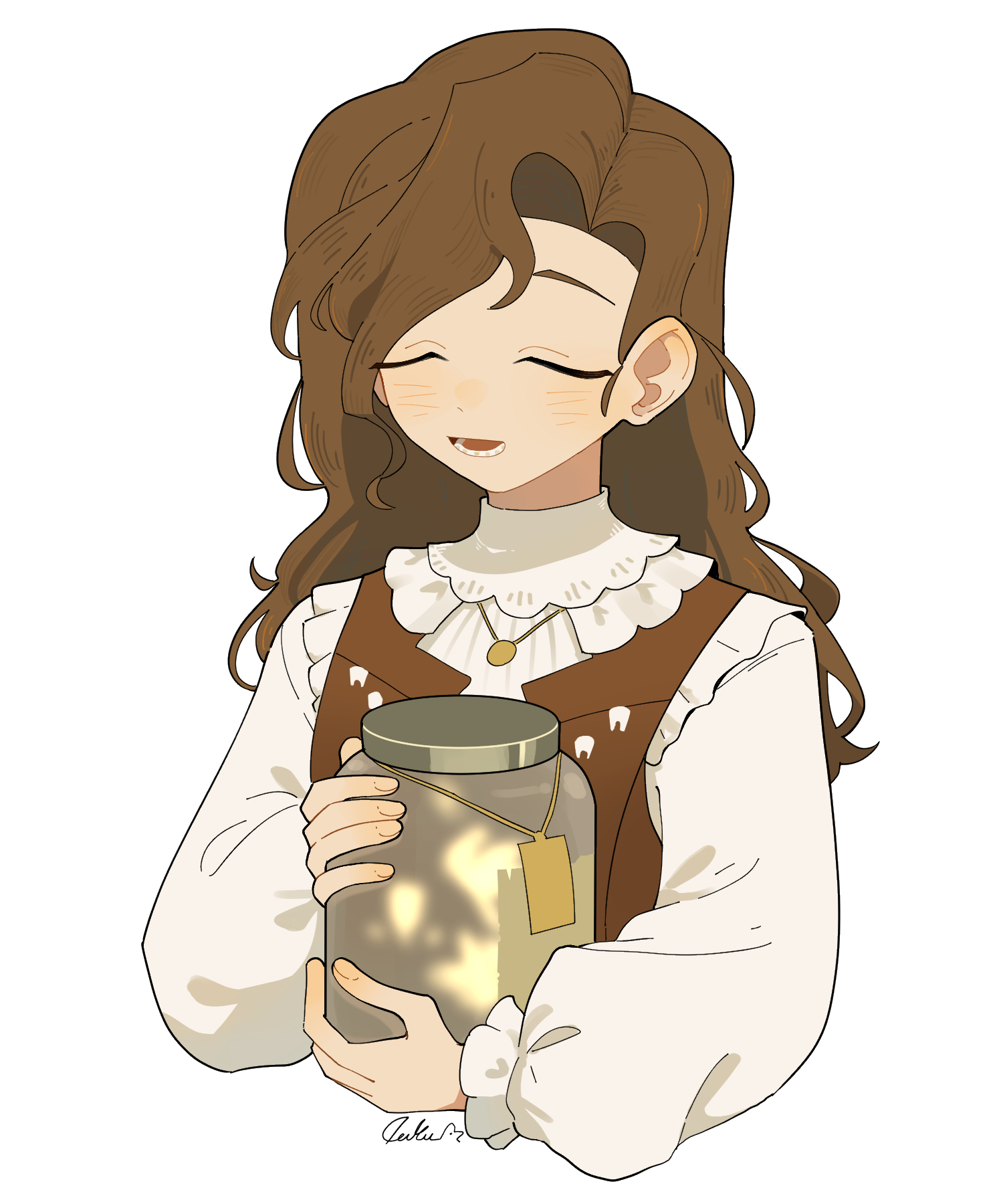 daku k, tooth fairy (reverse:1999), reverse:1999, commentary, english commentary, highres, 1girl, brown hair, closed eyes, dress, holding, holding jar, jar, jewelry, long hair, long sleeves, lower teeth only, necklace, open mouth, puffy long sleeves, puffy sleeves, red dress, shirt, solo, teeth, tooth necklace, upper body, white shirt