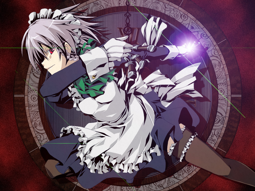 onemu, izayoi sakuya, touhou, silver hair, bad id, bad pixiv id, 1girl, braid, female focus, knife, maid, red eyes, short hair, solo, thighhighs