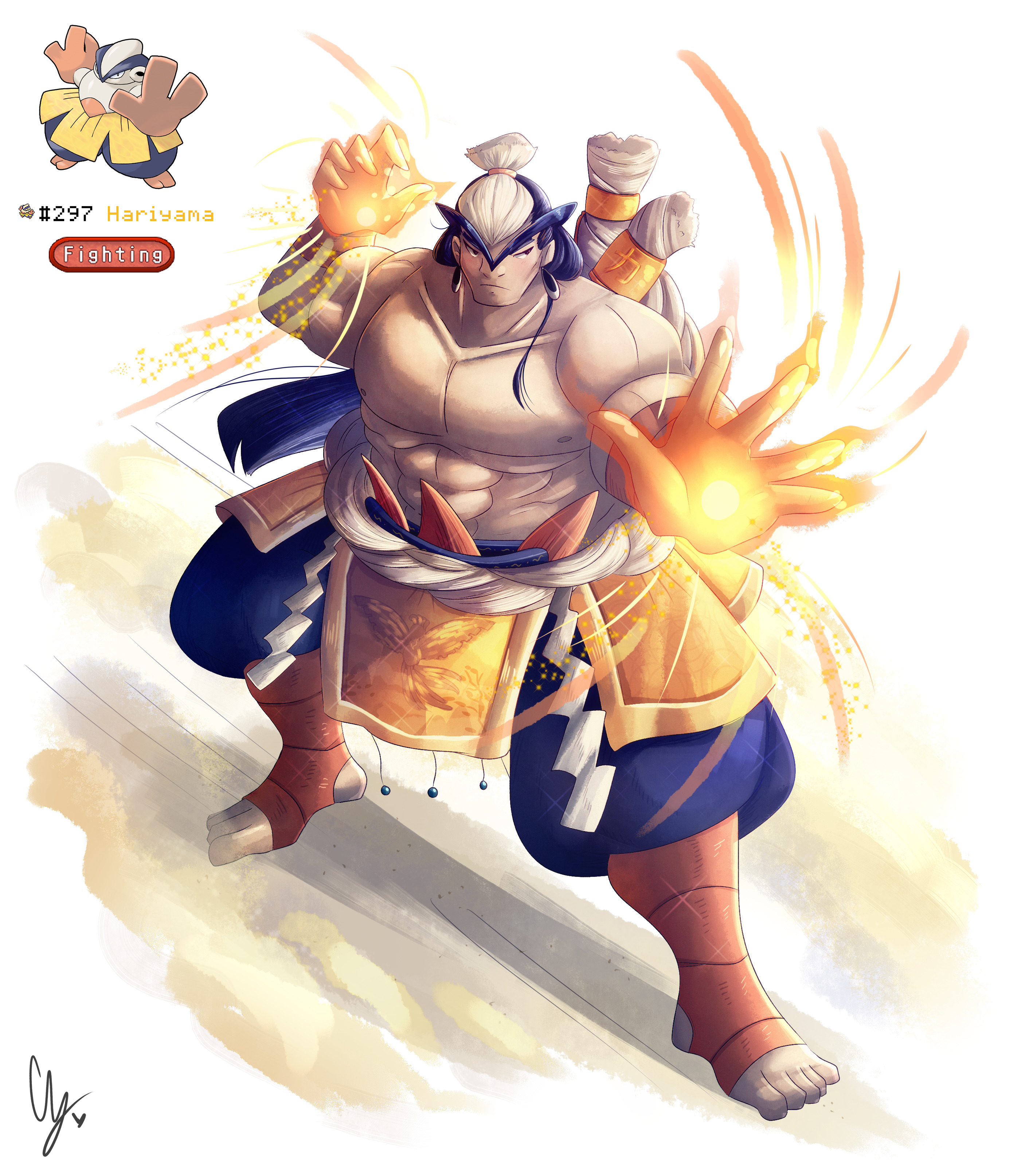 endifi, hariyama, nintendo, pokemon, absurdres, highres, 1boy, abs, bara, black hair, earrings, full body, gen 3 pokemon, glowing, glowing hand, jewelry, muscular, muscular male, nipples, pectorals, personification, pokedex number, pokemon (creature), rope, shide, solo, standing, white hair