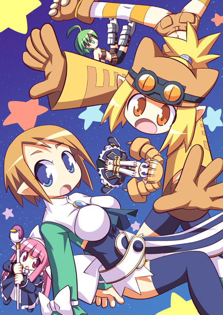 osaragi mitama, archer (disgaea), female warrior (disgaea), mage (disgaea), magic knight (disgaea), prinny, thief (disgaea), warrior (disgaea), disgaea, makai senki disgaea 2, orange legwear, striped legwear, white legwear, 5girls, :o, ahoge, animal hands, animal hat, armor, arms up, ascot, back, bandeau, bare shoulders, belt, belt bra, between breasts, bike shorts, blonde hair, blue eyes, blue thighhighs, blunt bangs, boots, bow, breasts, brown hair, cat hat, covering crotch, covering privates, denim, denim shorts, detached sleeves, dress, drill hair, everyone, flat chest, floating, flying, foreshortening, frills, gem, gloves, goggles, goggles on head, green eyes, green hair, green shirt, hair bow, hairband, hat, holding, impossible clothes, impossible shirt, jacket, large breasts, legs up, leotard, loincloth, lolita fashion, long hair, looking at viewer, looking back, multiple girls, orange eyes, orange hair, pantyhose, parted bangs, pink eyes, pink hair, pointy ears, ponytail, shirt, short shorts, shorts, sky, slit pupils, space, spread legs, staff, standing, star (sky), star (symbol), starry sky, striped clothes, striped pantyhose, surprised, tabard, thigh boots, thighhighs, turtleneck, twin drills, twintails, very long hair, weapon, wide sleeves, wrist cuffs, wristband
