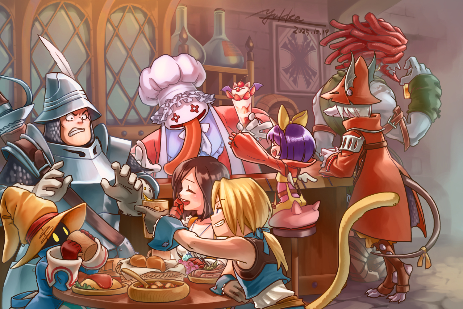 rangetsu yukka, adelbert steiner, amarant coral, eiko carol, freya crescent, garnet til alexandros xvii, quina quen, vivi ornitier, zidane tribal, final fantasy, final fantasy ix, commentary request, 1other, 3boys, 3girls, alcohol, armor, bar (place), bar counter, barrel, beer mug, black hair, blonde hair, blue skin, bottle, chef hat, colored skin, cup, dated, drinking, food, gloves, grey hair, grin, hat, hat feather, helmet, horns, laughing, monkey tail, mouse tail, mug, multiple boys, multiple girls, parfait, purple hair, red hair, signature, single horn, smile, strawberry parfait, sword, sword on back, tail, tongue, tongue out, weapon, weapon on back, whiskey, wizard hat