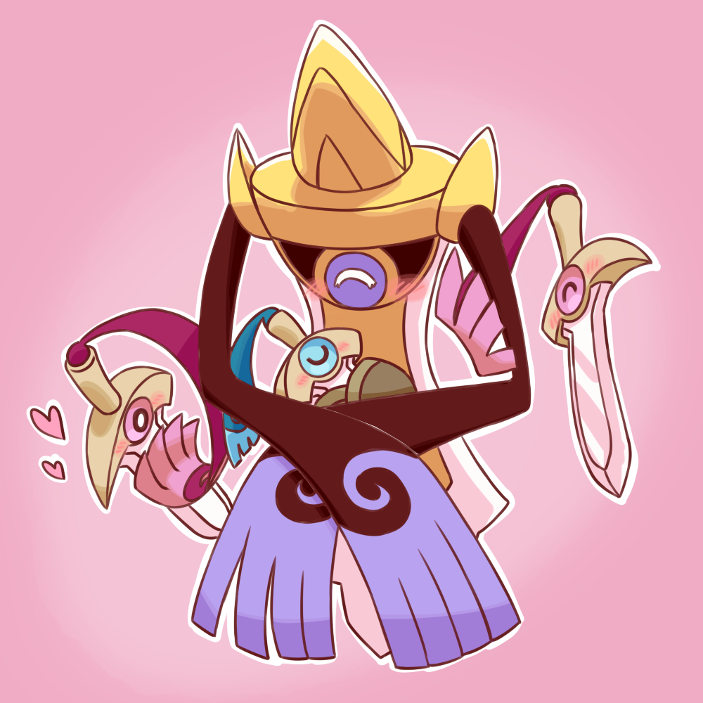 aegislash, doublade, honedge, nintendo, pokemon, commentary request, animate object, blush, closed eyes, evolutionary line, gen 6 pokemon, heart, holding, holding pokemon, no humans, one-eyed, origazma, outline, pink background, pokemon (creature), simple background, sword, weapon, white outline