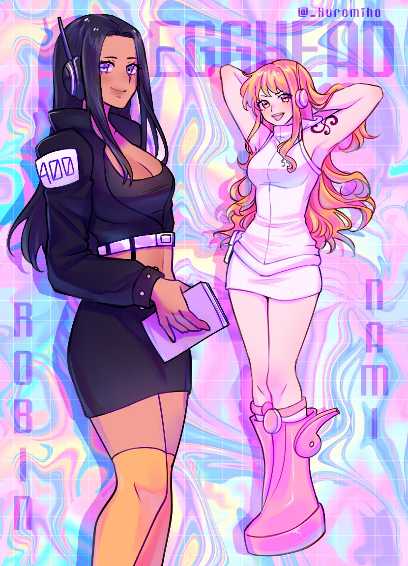 mih0, nami (one piece), nico robin, one piece, commentary, 2girls, alternate costume, arm tattoo, arms up, black hair, black jacket, black skirt, boots, breasts, character name, cleavage, cropped jacket, eyelashes, full body, headphones, hood, jacket, long hair, looking at viewer, multiple girls, orange eyes, orange hair, orange thighhighs, pink boots, purple eyes, shadow, sidelocks, skirt, sleeveless, sleeveless turtleneck, smile, tattoo, thighhighs, turtleneck, twitter username, white skirt