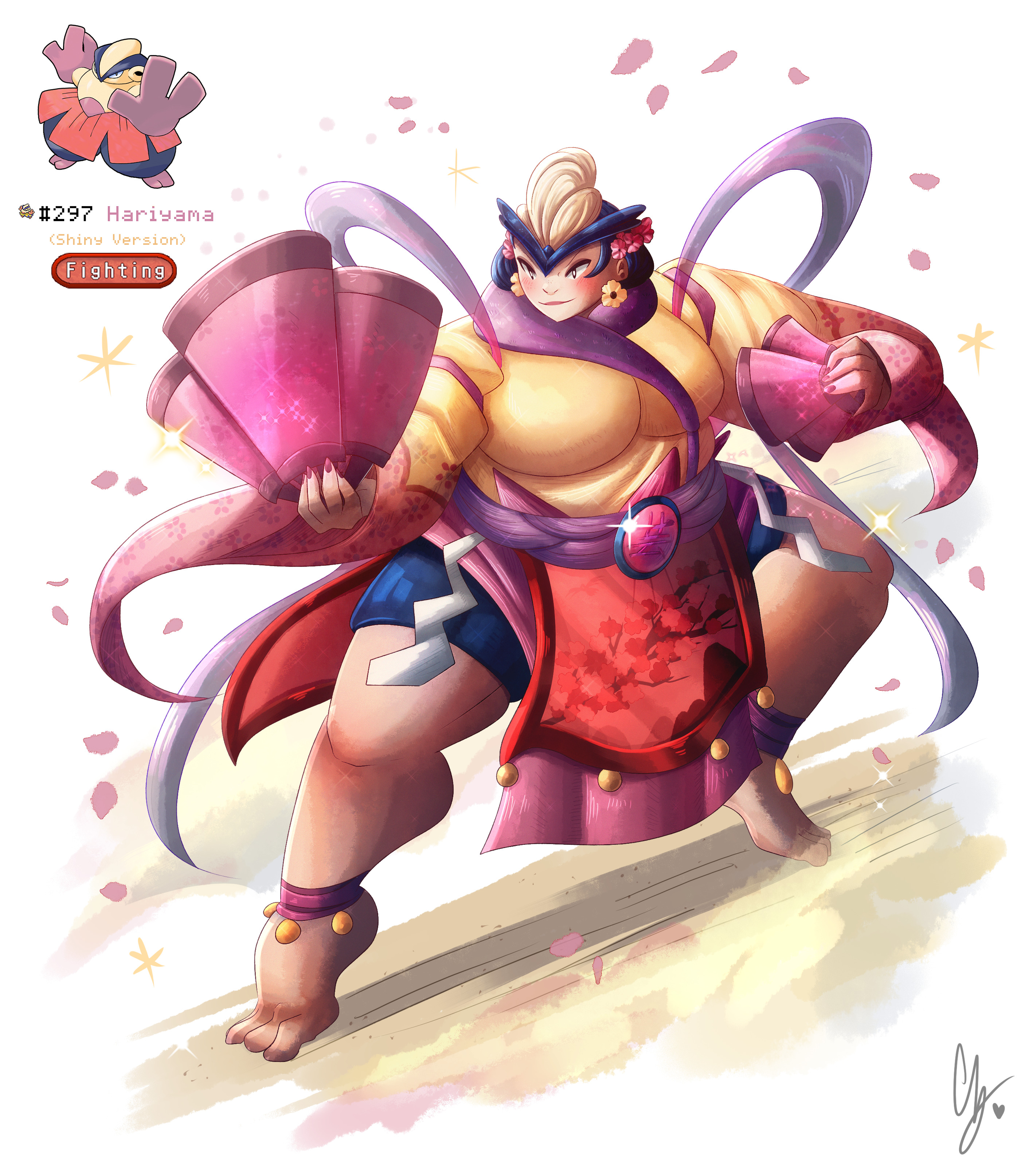 endifi, hariyama, nintendo, pokemon, absurdres, highres, 1girl, alternate color, barefoot, black eyes, black hair, breasts, earrings, flower, folding fan, gen 3 pokemon, glint, hair flower, hair ornament, hand fan, holding, holding fan, jewelry, large breasts, lipstick, makeup, multicolored hair, personification, petals, red nails, shide, shiny pokemon, tiptoes, two-tone hair, white hair