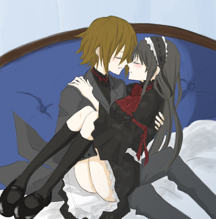 gogono pan'ya, akiyama mio, tainaka ritsu, fuwafuwa time, k-on!, 00s, 2girls, blush, closed eyes, crossdressing, crossdressing (ftm), formal clothes, gothic lolita, hair down, lolita fashion, multiple girls, pant suit, pants, suit, yuri