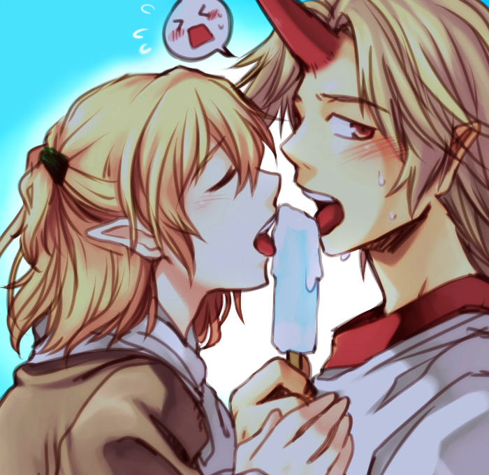 re ghotion, hoshiguma yuugi, mizuhashi parsee, touhou, bad id, bad pixiv id, 2girls, blonde hair, blush, closed eyes, female focus, food, half updo, horns, ice cream, long hair, multiple girls, pointy ears, popsicle, red eyes, scarf, sexually suggestive, short hair, single horn, sweat, tongue
