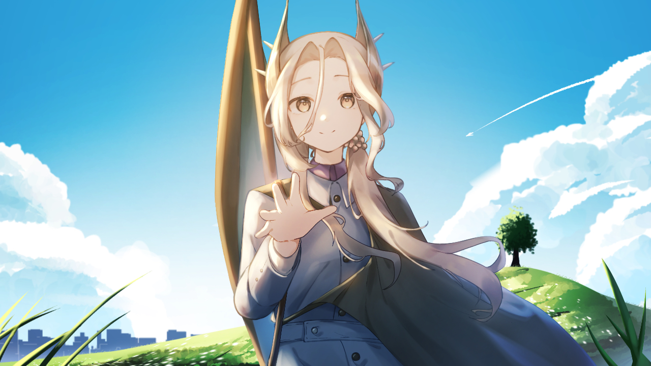 reverse:1999, 1girl, black cape, blue jacket, blue sky, cape, closed mouth, cloud, cloudy sky, day, grass, grey eyes, grey hair, gun, hair ornament, hand up, hill, jacket, long hair, looking at viewer, low ponytail, manaringo23, military uniform, open hand, outdoors, ponytail, rifle, sentinel (reverse:1999), side cape, sky, smile, solo, straight-on, tree, upper body, weapon, weapon on back