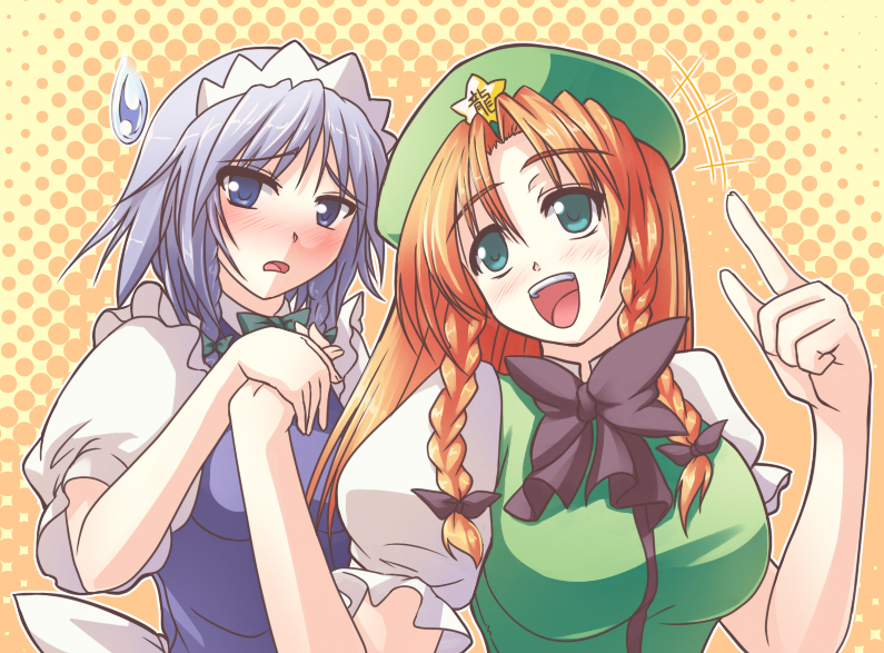 akagi yuuto, hong meiling, izayoi sakuya, embodiment of scarlet devil, touhou, silver hair, 2girls, aqua eyes, blue eyes, blush, braid, female focus, maid, multiple girls, red hair, sweatdrop
