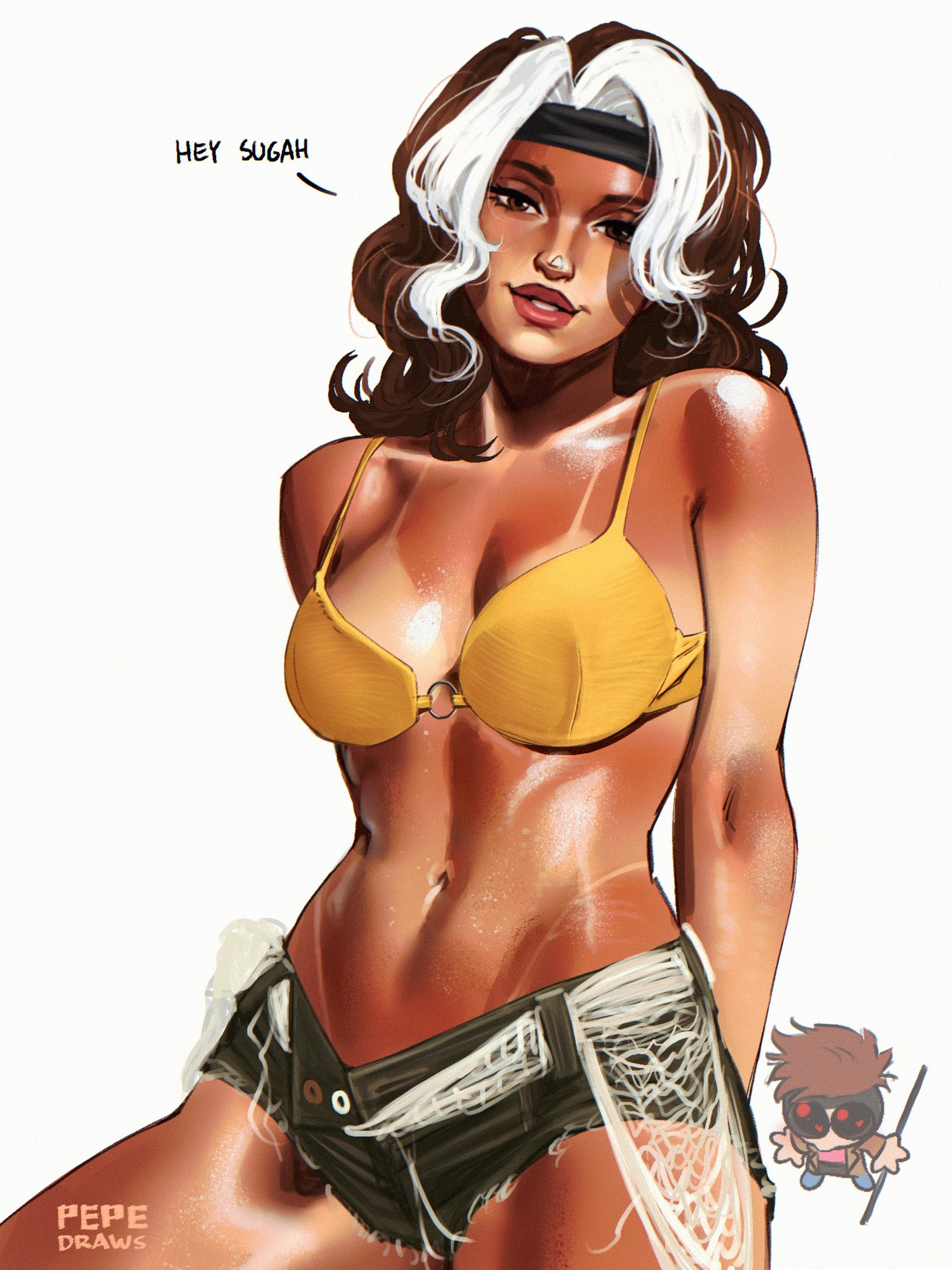 pepedraws, gambit, rogue (x-men), marvel, x-men, commentary, english commentary, highres, photo-referenced, 1boy, 1girl, alternate costume, artist name, bikini, black headband, breasts, brown eyes, brown hair, cleavage, cowboy shot, cutoffs, denim, denim shorts, english text, headband, looking at viewer, looking up, medium breasts, meme, midriff, multicolored hair, navel, o-ring, o-ring bikini, parted lips, shiny skin, shorts, solo focus, sunburn, swimsuit, tan, tanline, two-tone hair, unbuttoned, white background, white hair, yellow bikini
