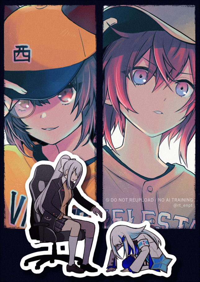 rita (56yellow), ange katrina, higuchi kaede, higuchi kaede (1st costume), inui toko, lize helesta, lize helesta (1st costume), nijisanji, commentary request, 4girls, adjusting clothes, adjusting headwear, animal ears, arm up, armband, baseball cap, baseball jersey, baseball uniform, black border, black jacket, black shoes, blue armband, blue eyes, blue hair, blue thighhighs, border, brown hair, brown sweater, chair, clenched teeth, clothes writing, crossed bangs, diamond-shaped pupils, diamond (shape), dogeza, drop shadow, ears through headwear, gaming chair, gradient eyes, grey hair, grey skirt, grin, hair between eyes, hair ornament, hand on own thigh, hat, heterochromia, jacket, jersey, lapels, long bangs, long hair, long sleeves, looking at viewer, medium hair, miniskirt, monocle, multicolored eyes, multicolored hair, multiple girls, nijisanji koshien, no eyes, notched lapels, on chair, open clothes, open jacket, orange hat, orange shirt, outline, pleated skirt, ponytail, purple eyes, reaching, reaching towards another, red eyes, red hair, school uniform, shirt, shoes, sidelocks, sideways hat, sitting, skirt, smile, socks, sportswear, streaked hair, sweater, swivel chair, symbol-shaped pupils, teeth, thighhighs, twitter username, two-tone hair, very long hair, virtual youtuber, watermark, white hair, white hat, white jacket, white outline, white shirt, white socks, yellow eyes