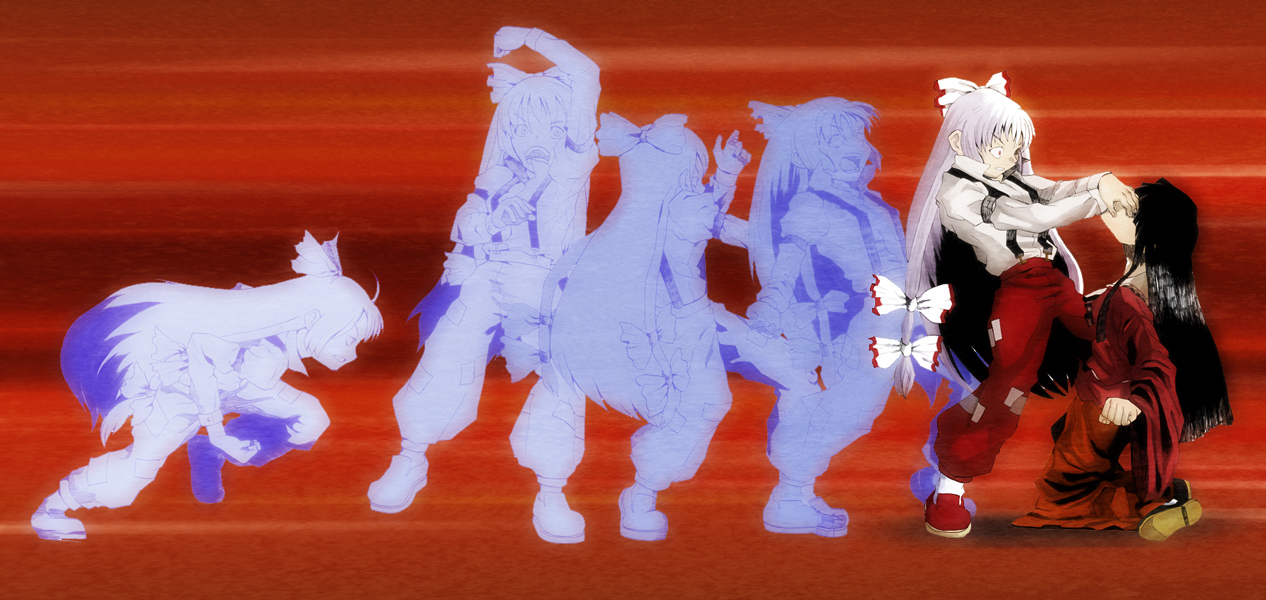 tooku nomura, fujiwara no mokou, houraisan kaguya, yagami iori, snk, the king of fighters, touhou, silver hair, bad id, bad pixiv id, 2girls, battle, black hair, female focus, hair ribbon, long hair, multiple girls, parody, red eyes, ribbon, suspenders