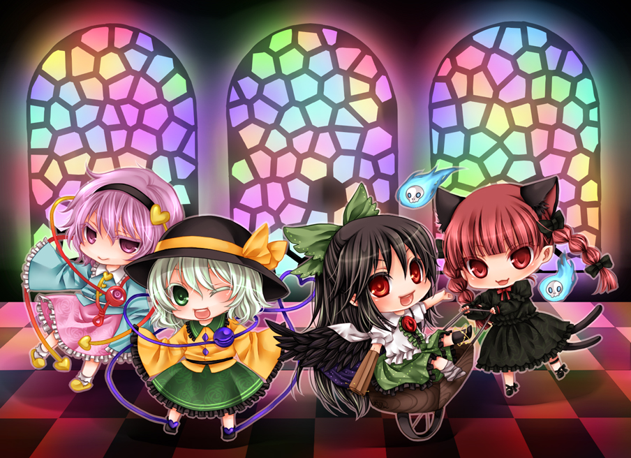 shiratama (mofutto), kaenbyou rin, komeiji koishi, komeiji satori, reiuji utsuho, touhou, 4girls, animal ears, aqua hair, asymmetrical footwear, bird wings, black hair, black hat, blouse, blunt bangs, bow, cape, cat ears, cat girl, cat tail, center frills, checkered floor, chibi, chireiden, colored eyelashes, dress, female focus, fire, flaming skull, frilled sleeves, frills, green eyes, hair bow, hands in opposite sleeves, hat, hat ribbon, heart, leg ribbon, long hair, looking at viewer, mismatched footwear, multiple girls, multiple hair bows, multiple tails, one eye closed, open mouth, outstretched arms, pink eyes, pink hair, puffy short sleeves, puffy sleeves, red eyes, red hair, ribbon, shirt, short hair, short sleeves, skirt, skull, smile, spread arms, stained glass, star (symbol), star print, tail, third eye, twintails, v-shaped eyebrows, wheelbarrow, window, wings