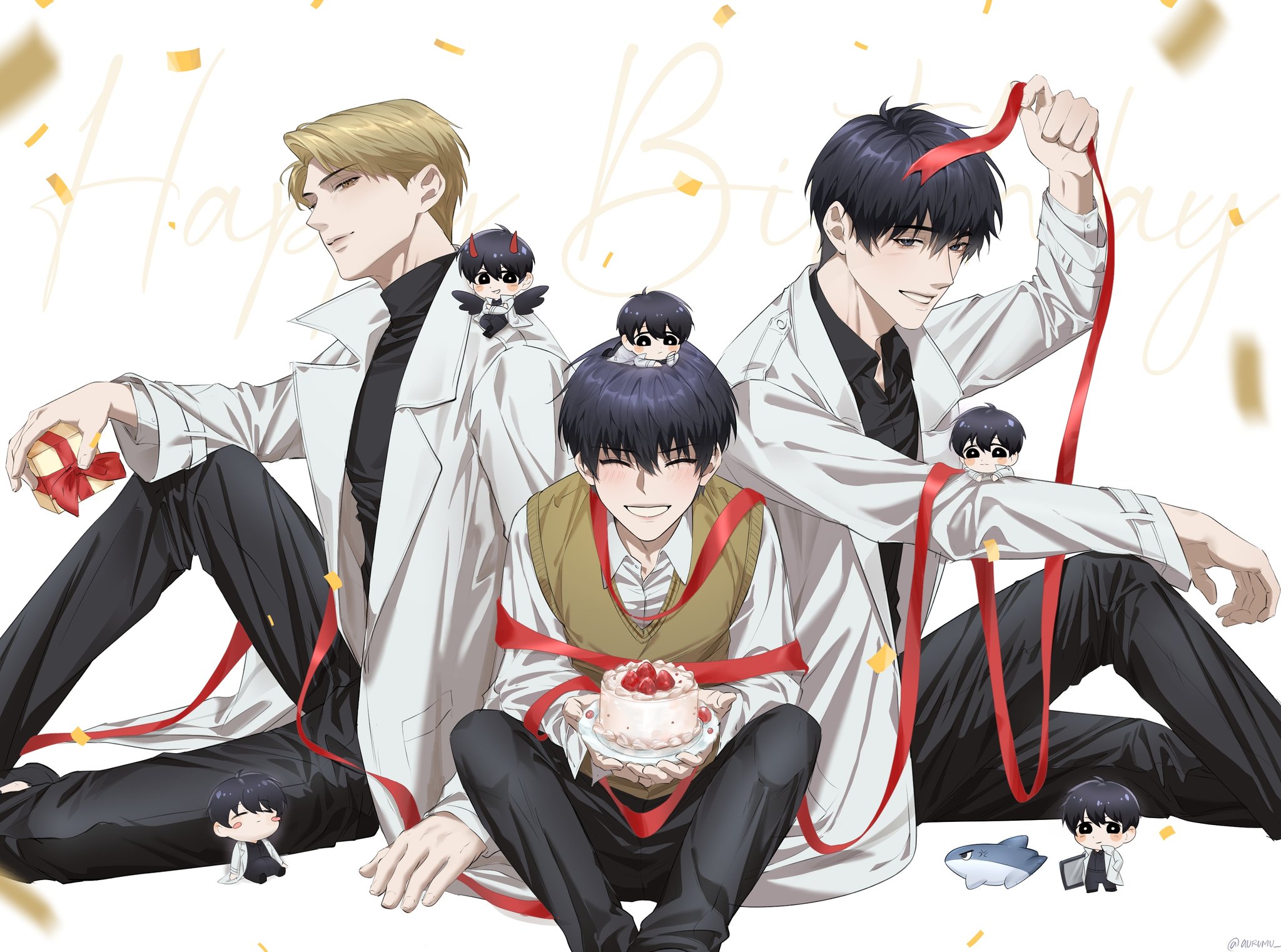 kim dokja, oldest dream, omniscient reader's viewpoint, commentary, english commentary, highres, 6+boys, aurumu, black eyes, black hair, black shirt, blonde hair, cake, coat, collared shirt, confetti, feet out of frame, food, gift, grin, happy birthday, head tilt, high collar, holding, holding cake, holding food, holding gift, knees apart feet together, lee hakhyun, looking at viewer, mini person, miniboy, multiple boys, multiple persona, open clothes, open coat, ribbon, shirt, short hair, sitting, smile, strawberry cake, vest, white coat, white shirt, yellow vest