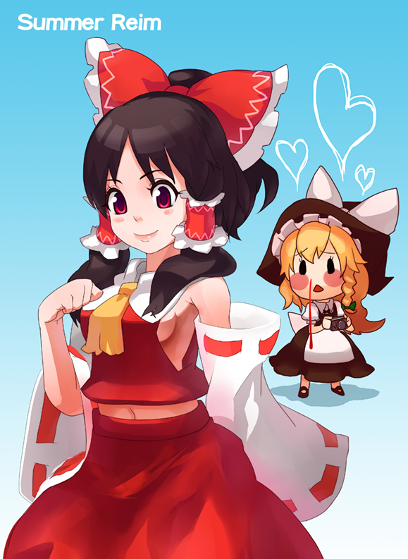 hakuchi, hakurei reimu, kirisame marisa, touhou, bad id, bad pixiv id, 2girls, black hair, blonde hair, blood, bow, braid, camera, detached sleeves, female focus, hat, heart, japanese clothes, long hair, miko, multiple girls, nosebleed, red eyes, short hair, witch, witch hat