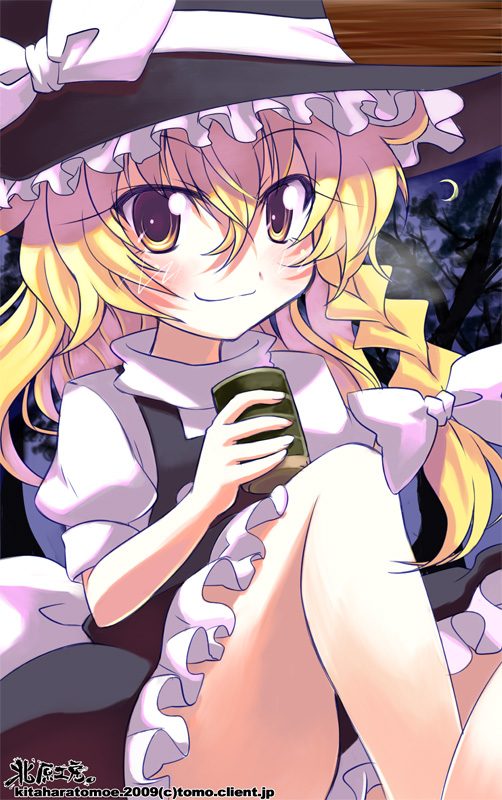 kitahara tomoe (kitahara koubou), kirisame marisa, touhou, 1girl, :3, blonde hair, blush, bow, braid, close-up, crescent moon, drinking, female focus, hair bow, hat, moon, night, short hair, side braid, sitting, smile, solo, witch, witch hat, yellow eyes