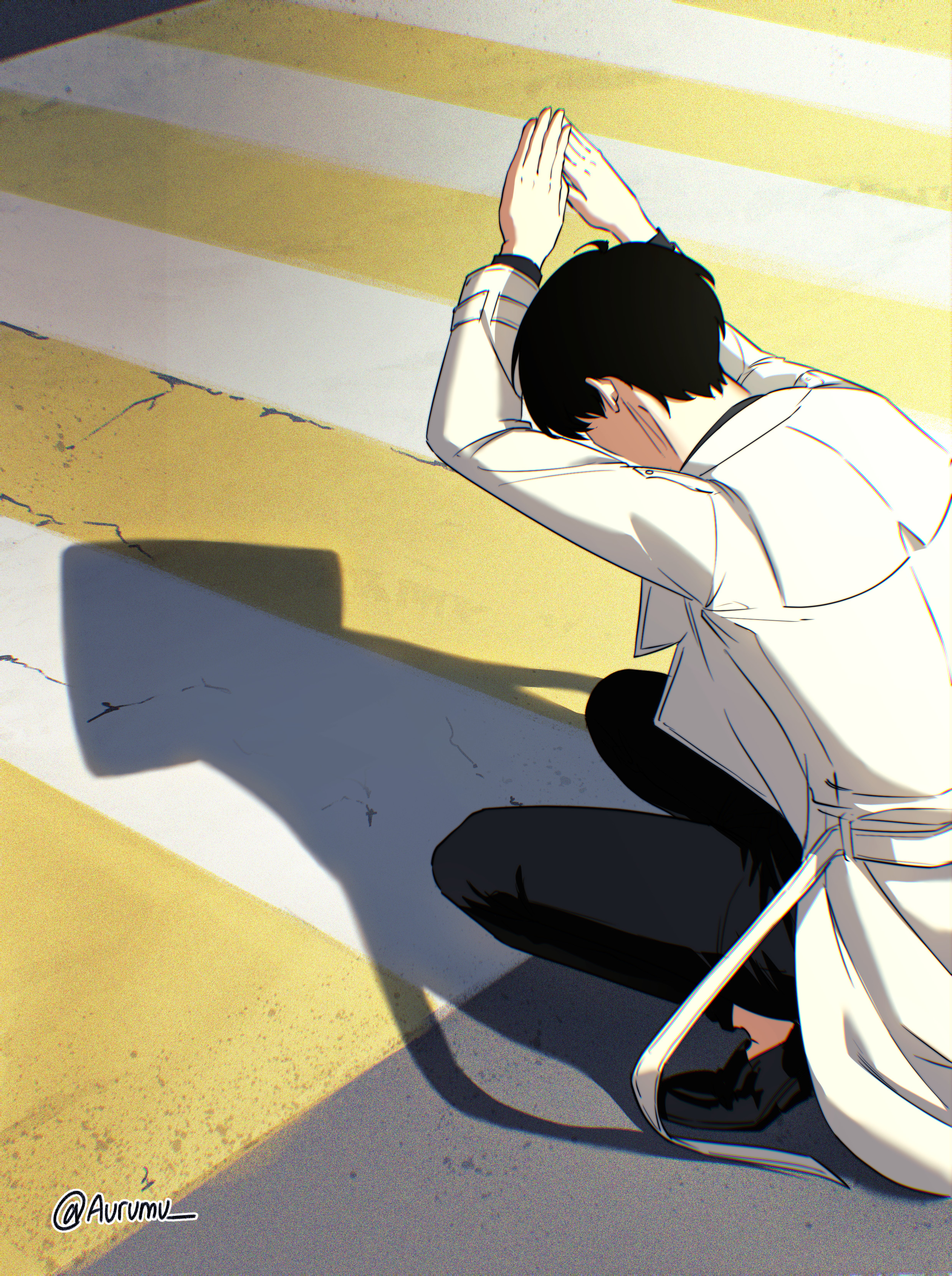 kim dokja, omniscient reader's viewpoint, absurdres, commentary, english commentary, highres, 1boy, arms up, aurumu, black hair, coat, crosswalk, day, different shadow, full body, male focus, open clothes, open coat, outdoors, popped collar, short hair, solo, squatting, squid, white coat