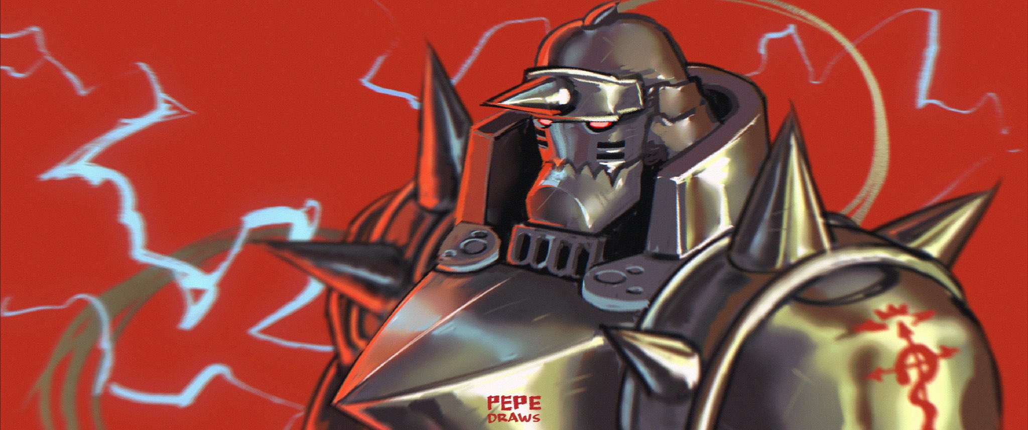 pepedraws, alphonse elric, fullmetal alchemist, commentary, english commentary, highres, 1boy, armor, automail, flamel symbol, full armor, lightning, living armor, male focus, plume, red background, red eyes, solo, spiked armor, spiked helmet, spikes, upper body