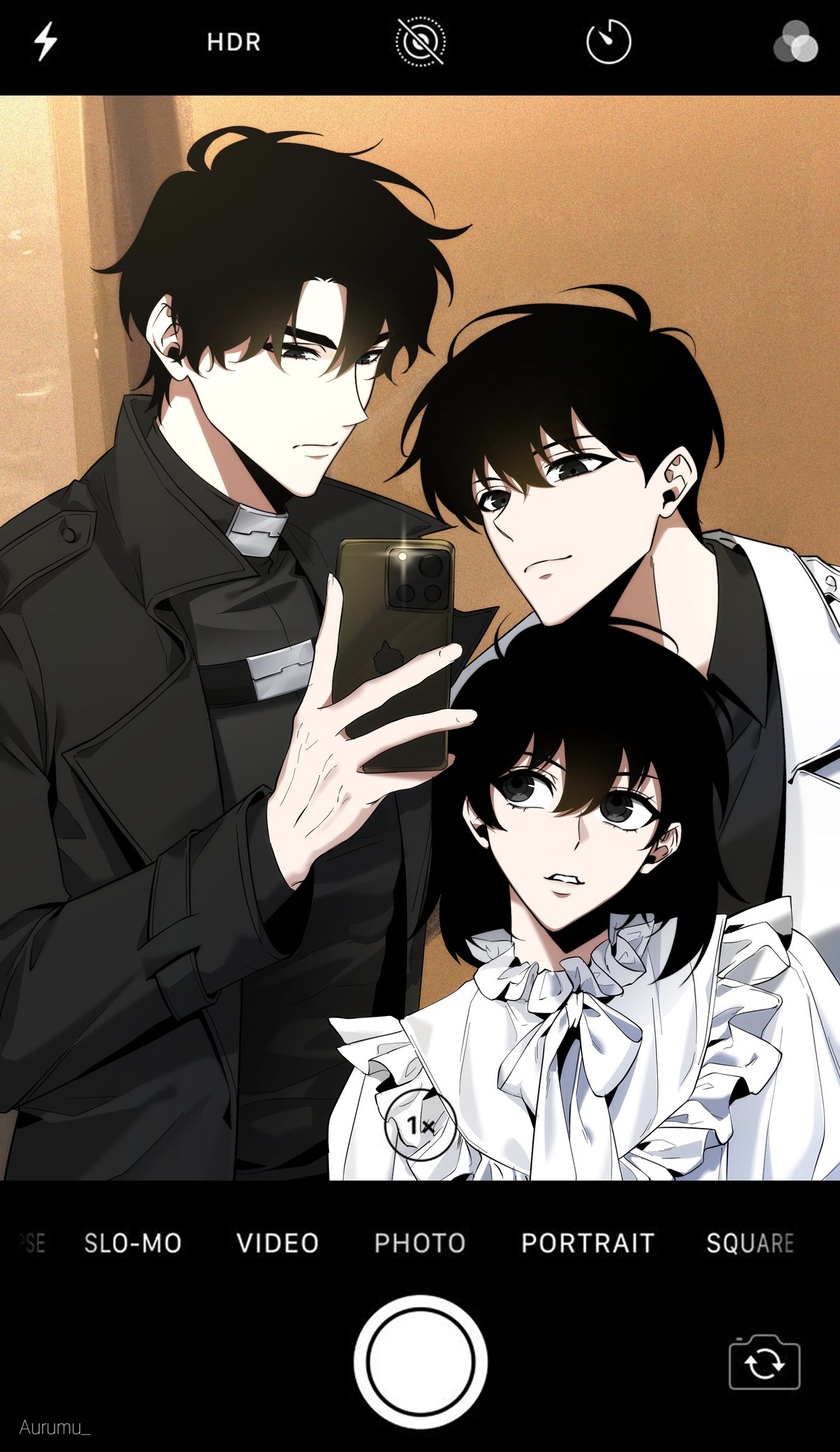 han sooyoung, kim dokja, yoo joonghyuk, omniscient reader's viewpoint, commentary, english commentary, highres, 1girl, 2boys, alternate costume, aurumu, black coat, black eyes, black hair, black shirt, blouse, bob cut, coat, fake phone screenshot, fake screenshot, holding, holding phone, multiple boys, neck ribbon, open clothes, open coat, phone, popped collar, ribbon, shirt, short hair, sparkle, white coat