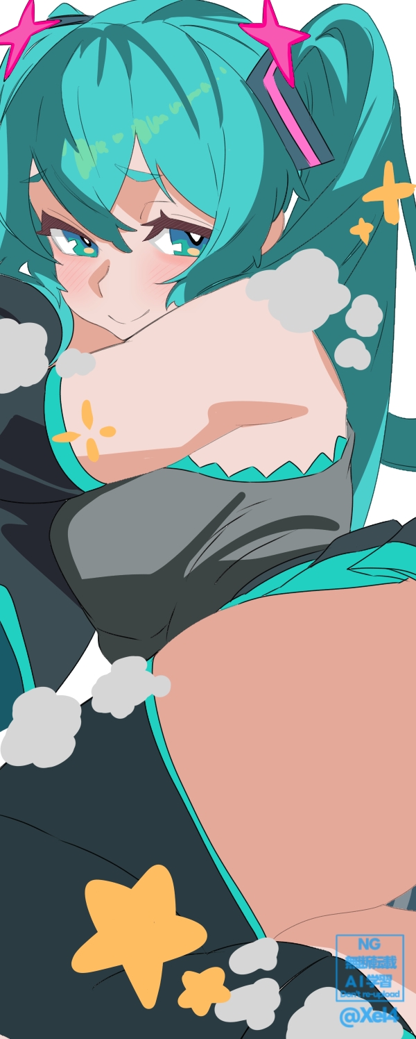 xel4, hatsune miku, vocaloid, commentary, highres, 1girl, alternate breast size (larger), aqua eyes, aqua hair, aqua panties, ass, bare shoulders, black boots, black sleeves, boots, breasts, detached sleeves, dress, from behind, grey dress, hair ornament, legs together, long hair, looking at viewer, looking back, lying, medium breasts, panties, panty peek, raised eyebrows, short dress, smile, solo, star (symbol), steam, straight hair, striped clothes, striped panties, thigh boots, twintails, underwear, upskirt, very long hair