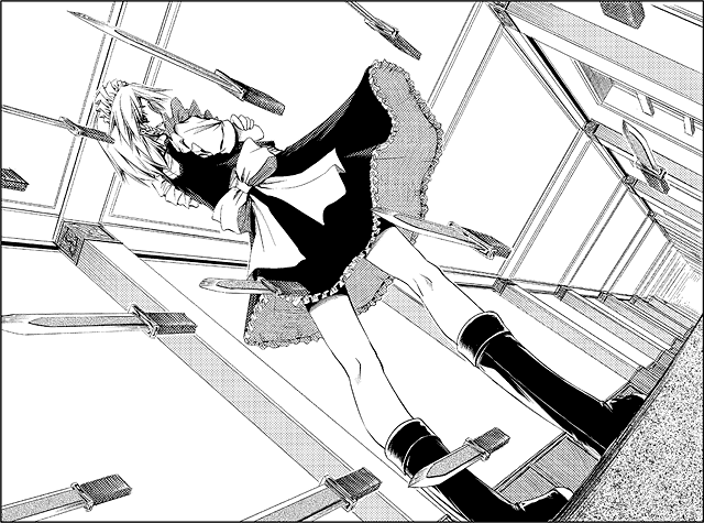 aozora market, izayoi sakuya, touhou, 1girl, boots, crossed arms, dress, dutch angle, female focus, from behind, from below, greyscale, hallway, kneepits, knife, looking back, maid, monochrome, ribbon, solo, standing