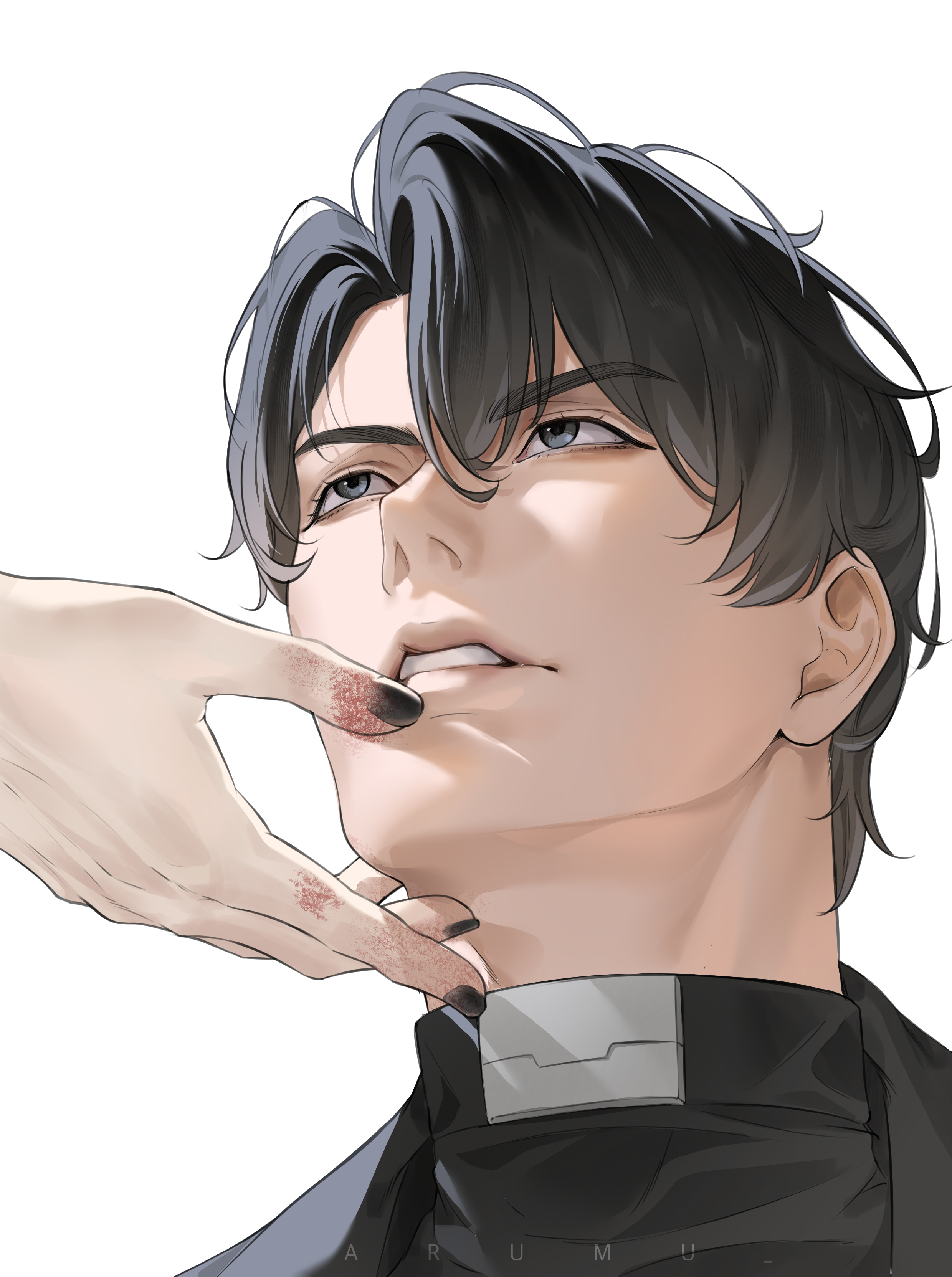 kim dokja, yoo joonghyuk, omniscient reader's viewpoint, absurdres, hashtag-only commentary, highres, 1boy, 1other, aurumu, black eyes, black hair, black nails, bruise on hand, curtained hair, double-parted bangs, from below, hair between eyes, out of frame, parted lips, portrait, short hair, sidelighting