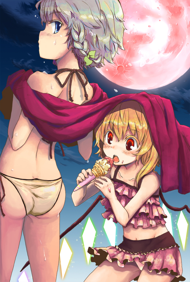 itsuki kuro, flandre scarlet, izayoi sakuya, touhou, bad id, bad pixiv id, 2girls, bikini, blonde hair, braid, female focus, food, ice cream, moon, multiple girls, ponytail, red eyes, red moon, short hair, side ponytail, swimsuit, towel, wings