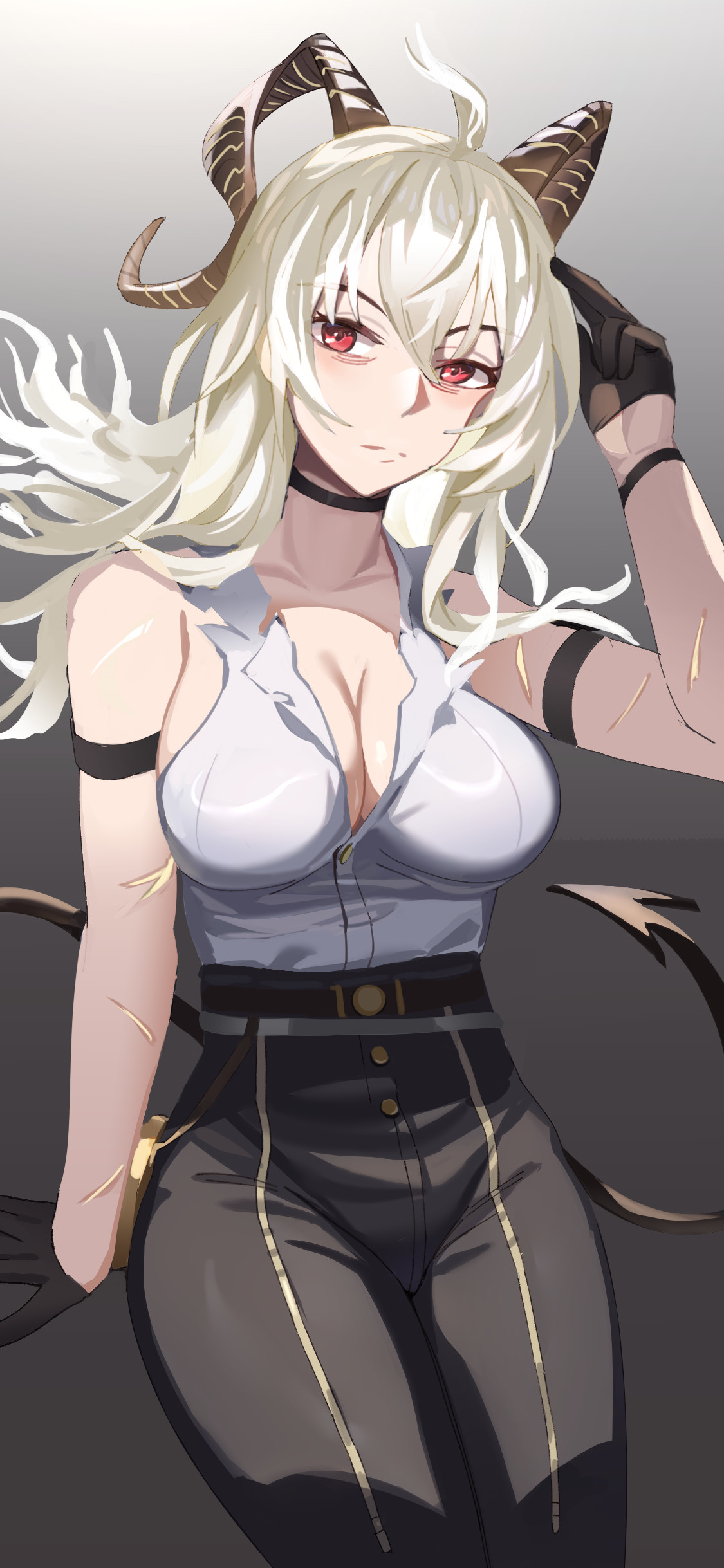 zani (wuthering waves), wuthering waves, absurdres, chinese commentary, commentary request, highres, 1girl, ahoge, arm strap, black choker, black gloves, black horns, black pants, black tail, breasts, choker, cleavage, closed mouth, collarbone, curled horns, demon tail, gloves, grey hair, hair between eyes, half gloves, hand up, high-waist pants, horns, large breasts, looking at viewer, neo777, pants, red eyes, shirt, solo, tail, torn clothes, torn shirt, white shirt